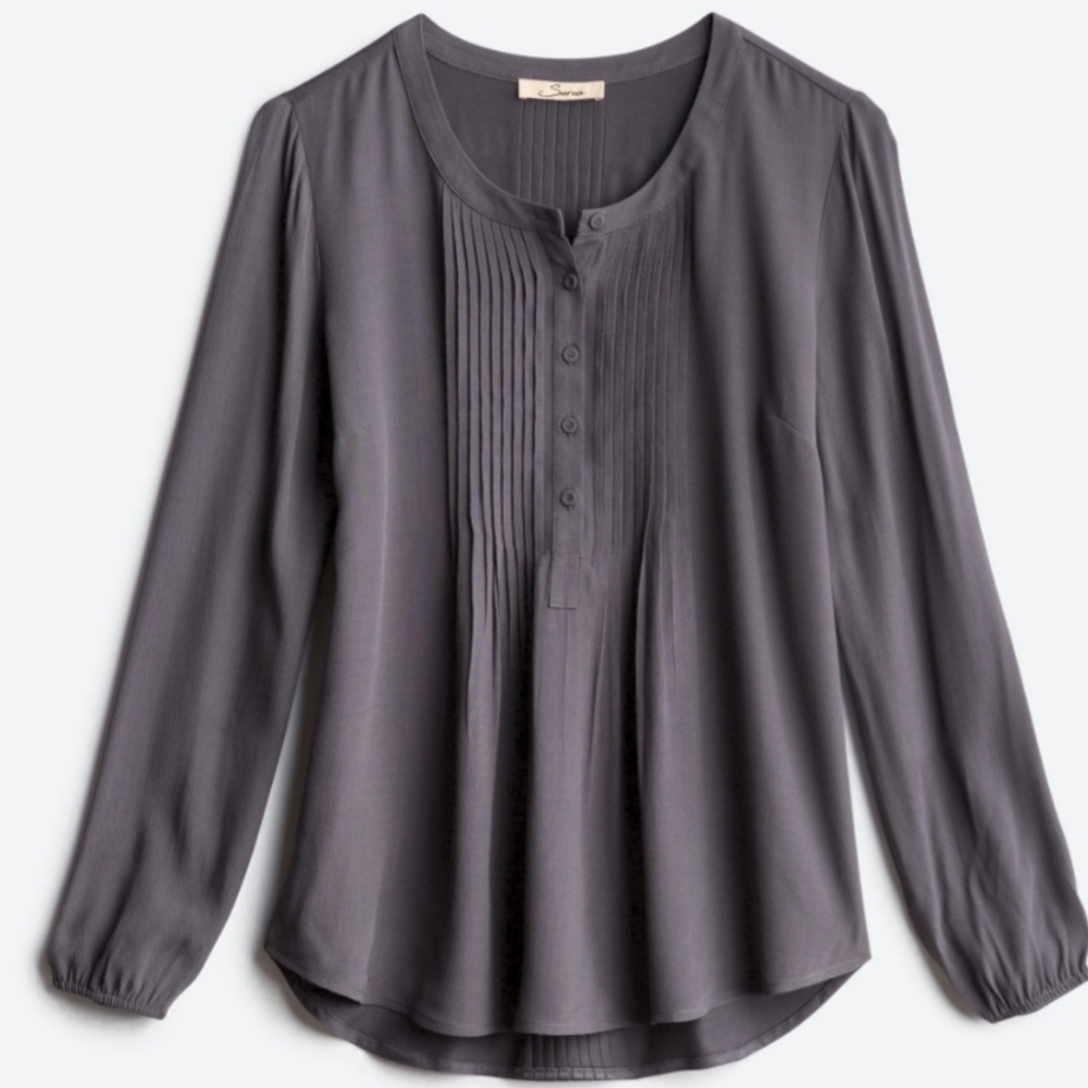 Gray Pleated 3/4 Sleeve Blouse with Mandarin Collar